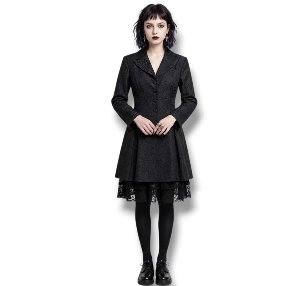 CONTEMPO CASUALS Vintage Black Damask Floral Jacquard Longline Blazer Small - Picture 7 of 7